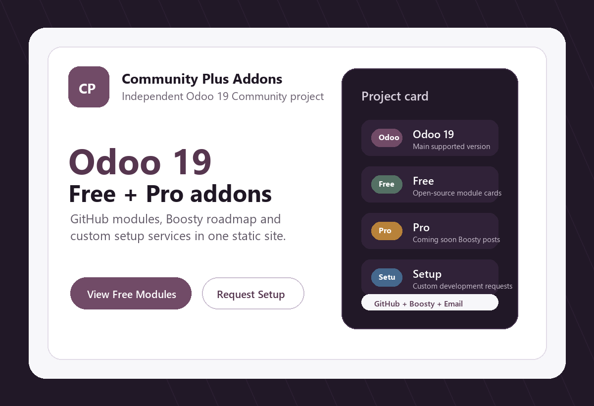 Preview card for Odoo 19 Free and Pro addons with GitHub and Boosty links